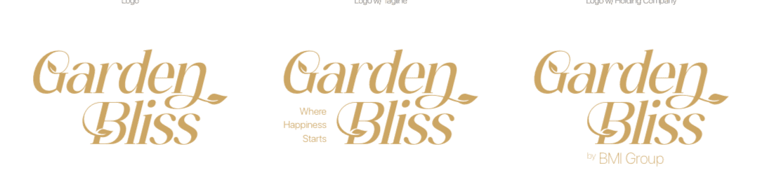 Garden Bliss wordmark in gold script, three versions: the logo, with the tagline Where Happiness Starts, and with the holding company line by BMI Group