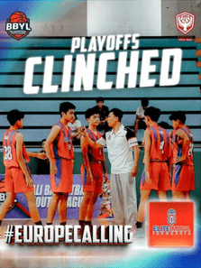 Feed tile: Playoffs clinched. The Elite Muda team in a huddle with their coach in a gym, with #EuropeCalling
