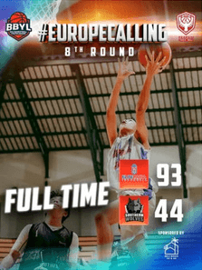 Feed tile: 8th round, full time 93 to 44. A player in a white-and-blue Elite Muda jersey going up for a lay-up