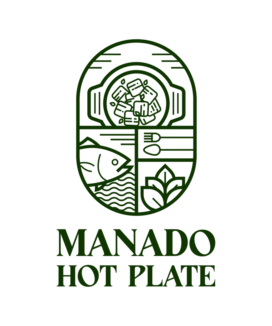 Manado Hot Plate logo: a fish, a plate, a sprout and water in one green line, the name beneath