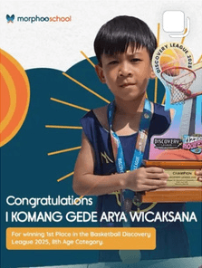 Feed tile: Congratulations I Komang Gede Arya Wicaksana, 1st place in the Basketball Discovery League 2025, 8th age category. A boy with a medal and a trophy