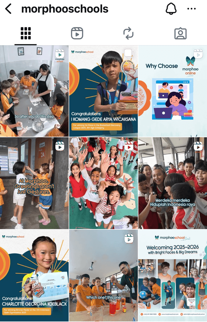 Nine Instagram posts for Morphoo School: children in class, congratulations, school news, in orange and blue