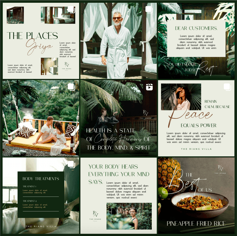 Nine Instagram posts for The Riang Villa: rooms, a garden swing, pineapple fried rice, and short lines about rest, in greens and creams
